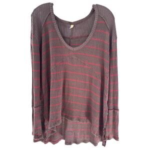 Free People Striped Thermal Top Gray Red Waffle Knit Long Sleeve XS